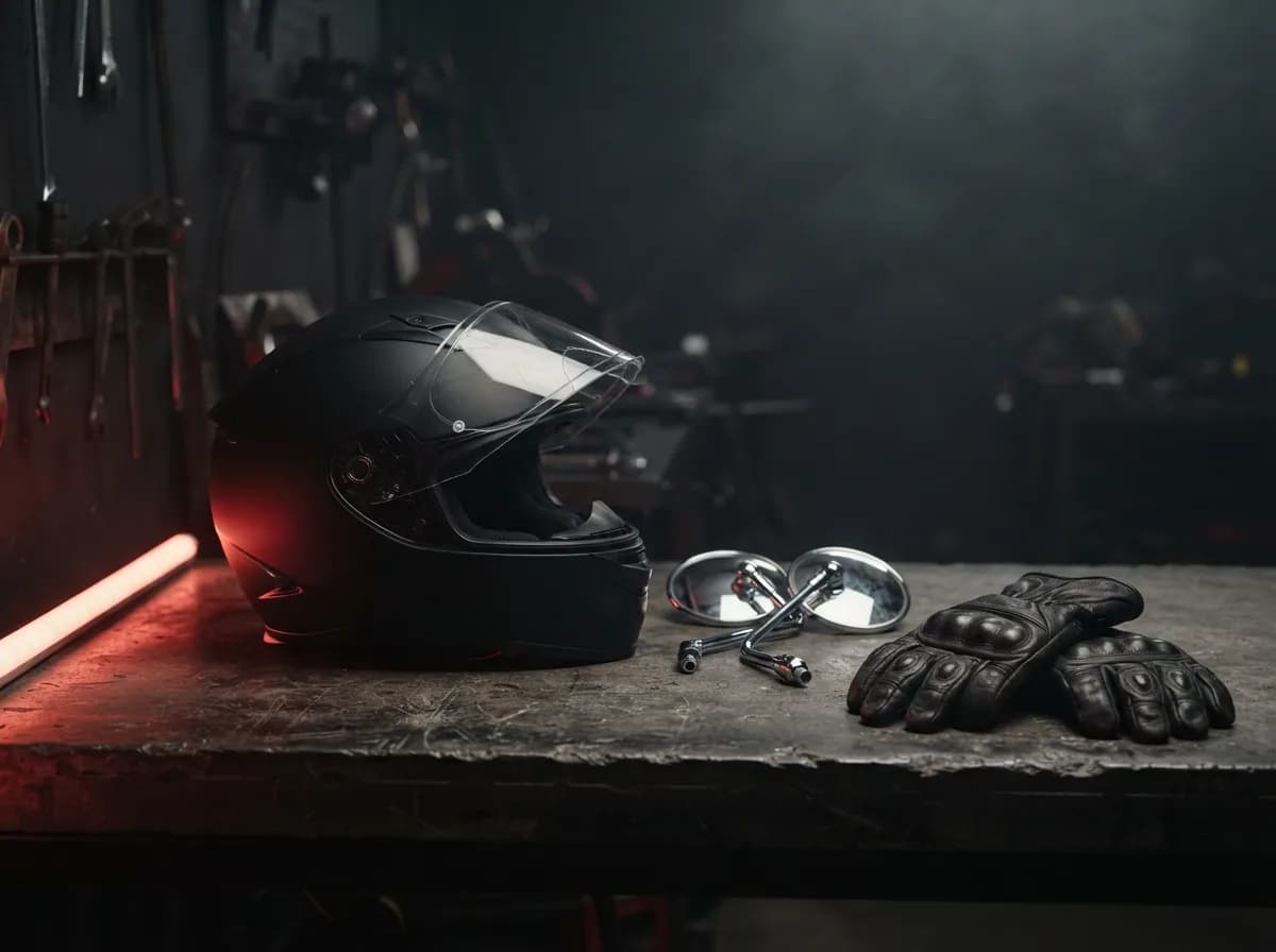 Matte black motorcycle helmet, chrome mirrors, and leather riding gloves on a workshop bench under red light