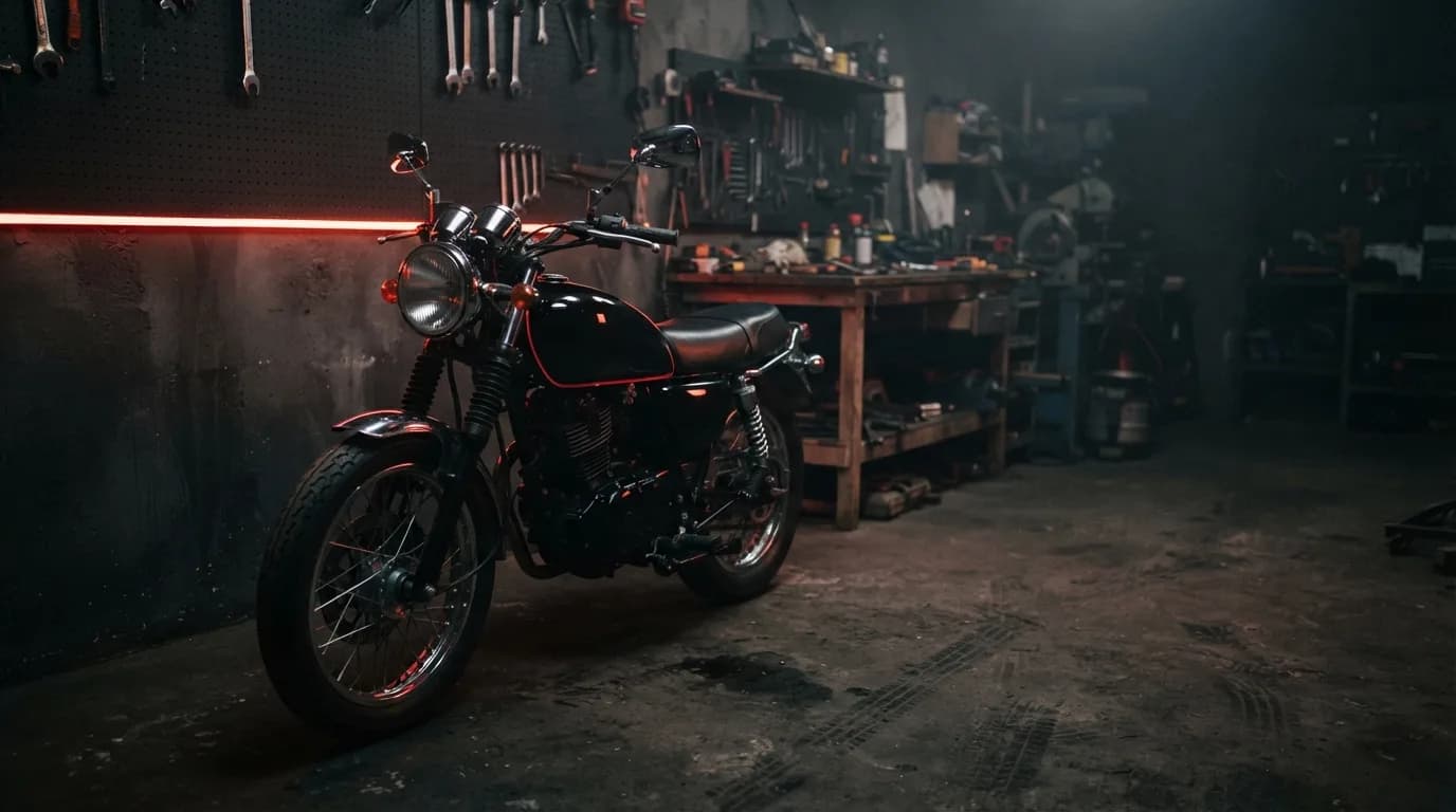 Classic motorcycle parked in a dark workshop lit by a red light strip